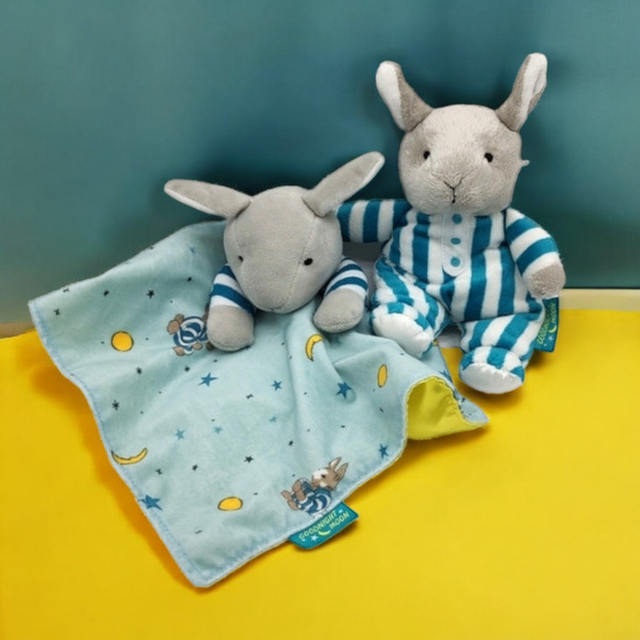 Goodnight Moon Lovey Plushie Security Blanket + 10" Bunny Rabbit Toy Striped PJs - Picture 1 of 12